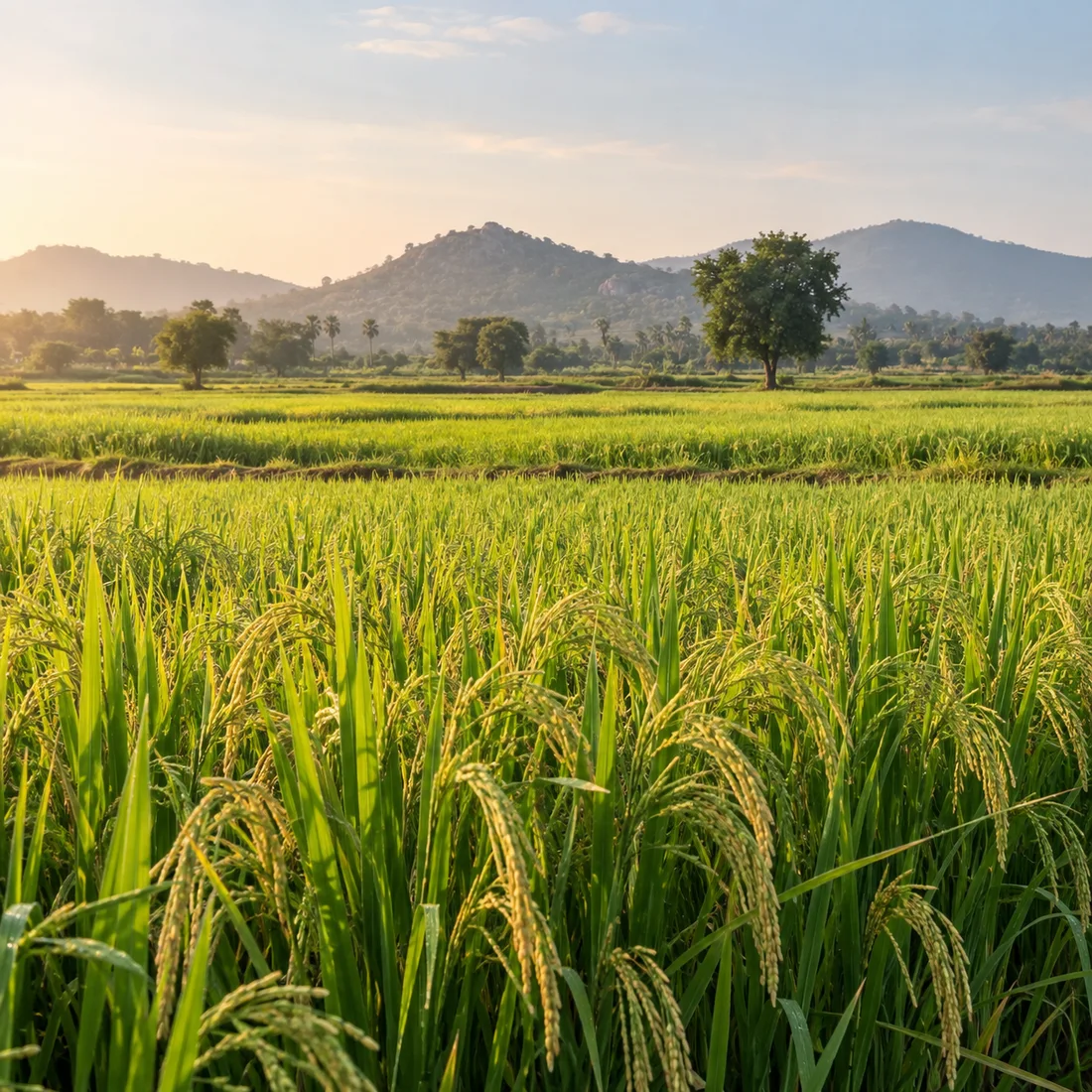 Illustrative rice fields beneath Deccan hills in morning light